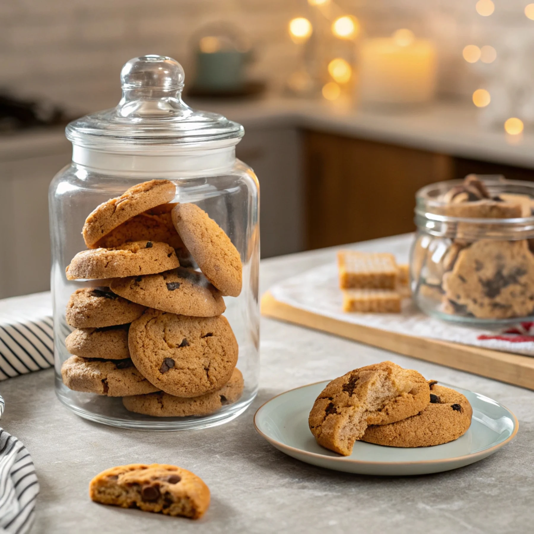 A glass jar with soft cookies and a slice of bread to retain moisture, set in a cozy kitchen