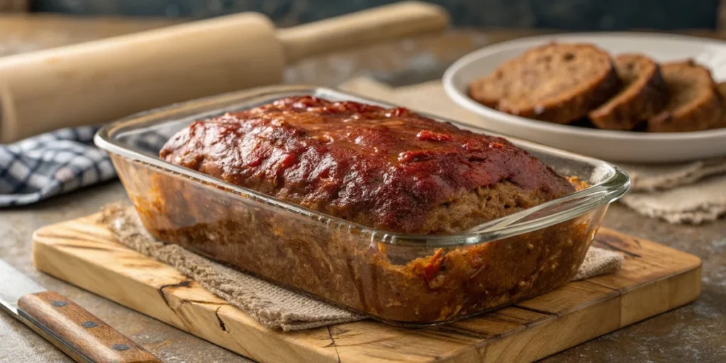 A freshly baked, golden-brown meatloaf with a caramelized glaze, resting in a baking dish with juices around the edges.