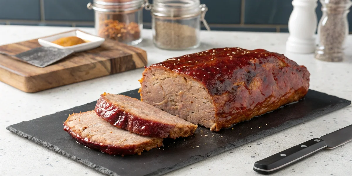 A sliced smoked beef meatloaf on a black slate serving platter, revealing a juicy, smoky interior with a glossy glaze.