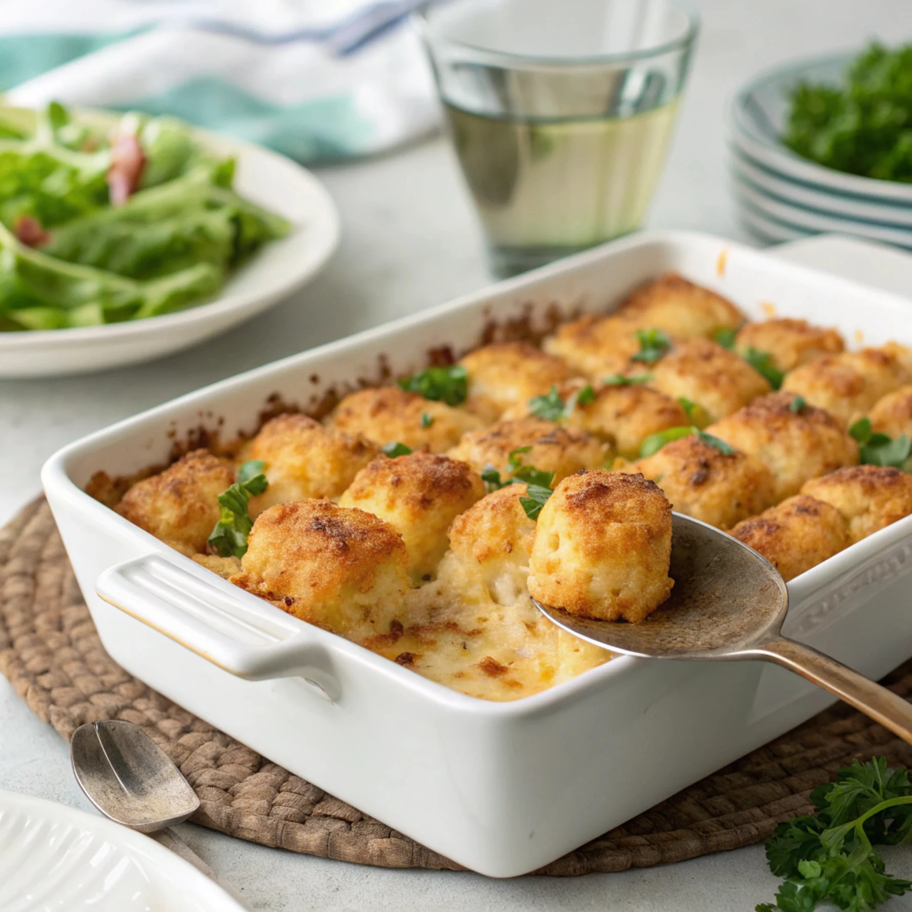 A freshly baked tater tot casserole with crispy golden tater tots and melted cheese, garnished with parsley, ready to be served.