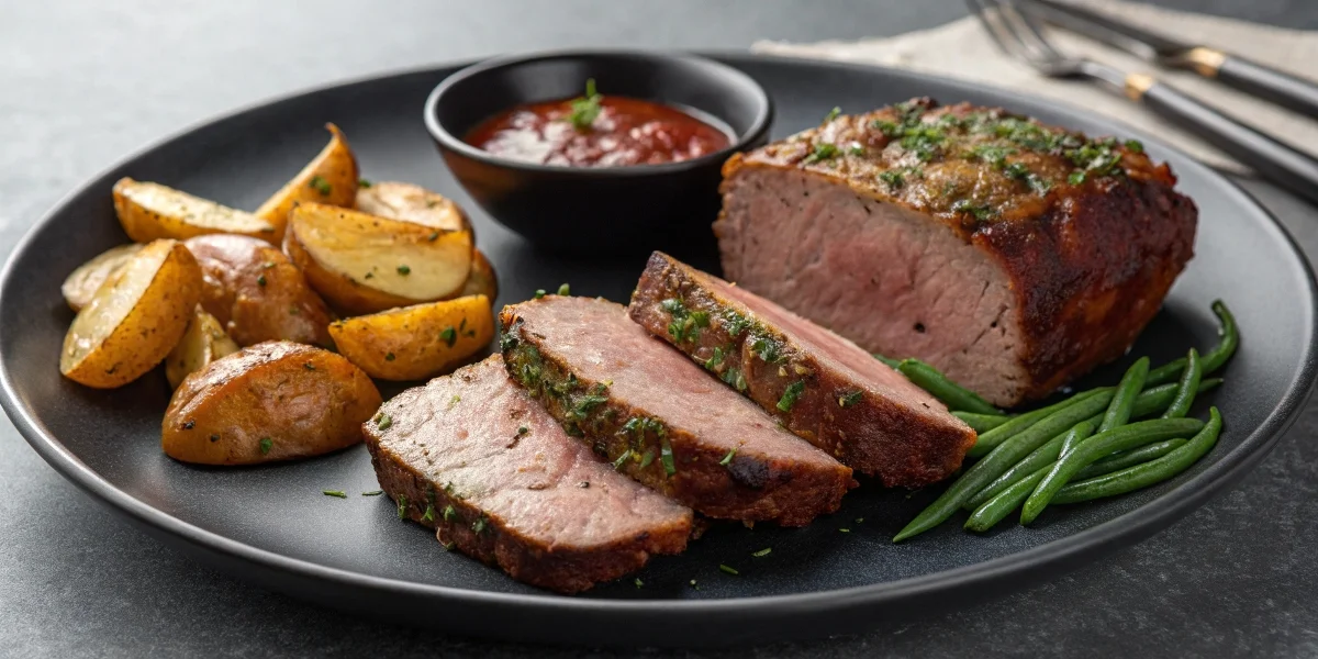 A plated smoked meatloaf with roasted potatoes, sautéed green beans, and barbecue sauce, served on a black ceramic plate.