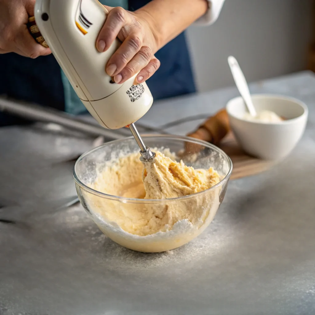 Hands mixing butter and brown sugar in a bowl using an electric mixer for soft cookies