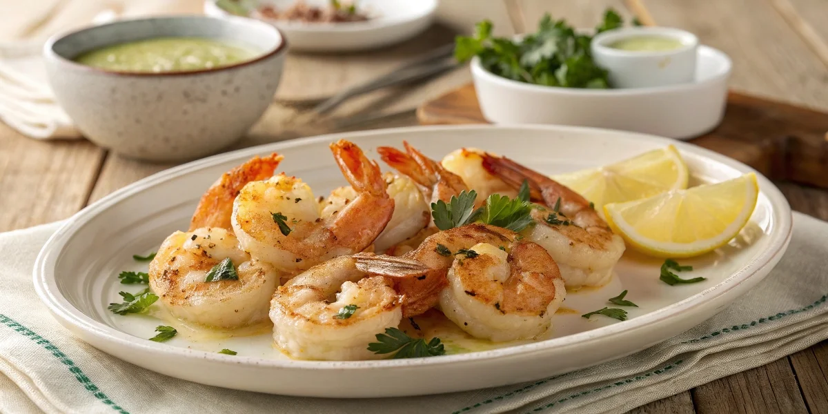 A plate of golden-brown milk-soaked shrimp garnished with fresh parsley and a lemon wedge.