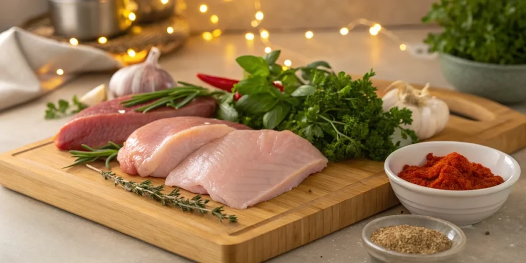 Fresh lean meats like turkey and chicken with herbs and spices on a rustic wooden cutting board.