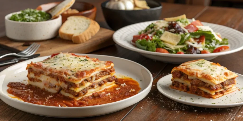 A lasagna that was cut too soon with melted cheese and sauce spilling out versus a properly rested lasagna with clean, structured layers.