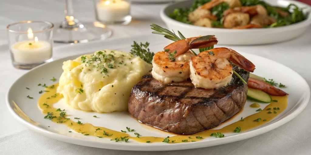 Seared steak with garlic butter shrimp, mashed potatoes, and fresh herbs on a fine-dining plate.