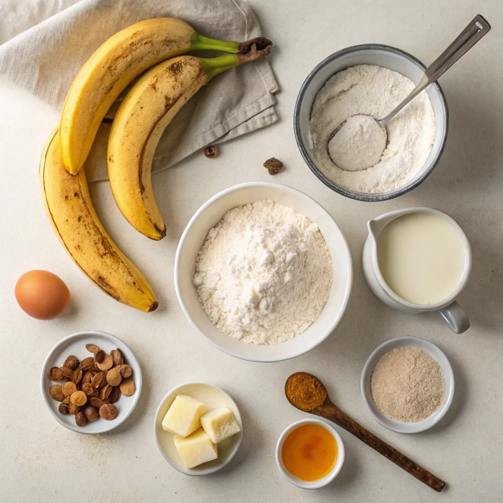 Ingredients for banana bread arranged on a kitchen counter, including bananas, flour, sugar, butter, egg, vanilla extract, baking soda, salt, and optional mix-ins like cinnamon