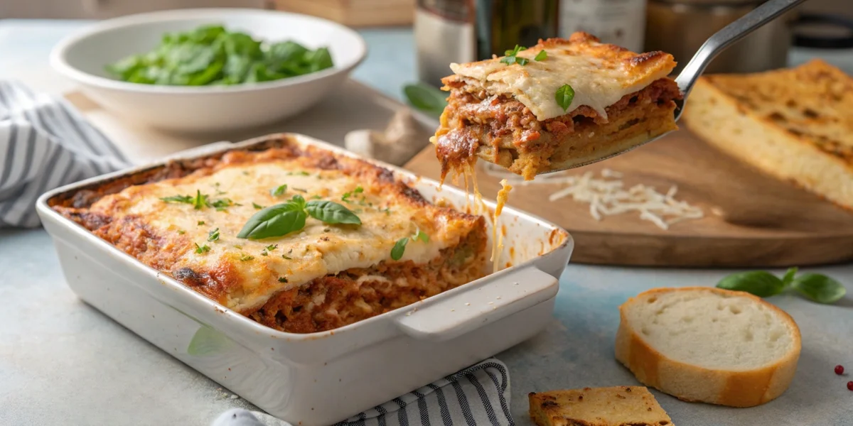 A beautifully baked homemade lasagna with golden, bubbly cheese, rich layers of pasta, meaty sauce, and creamy ricotta, garnished with fresh basil and Parmesan.