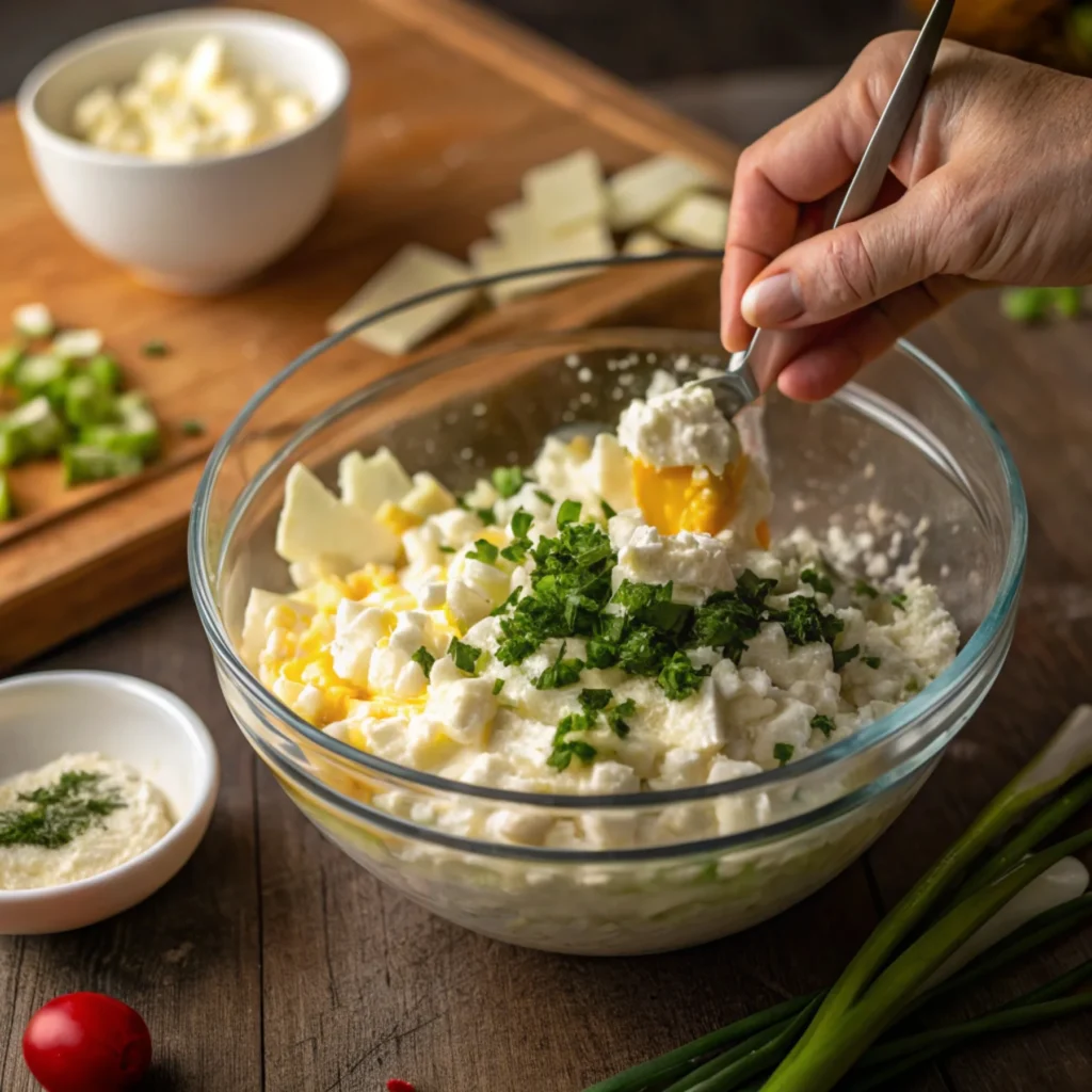 Hands mixing a creamy cottage cheese egg salad with fresh herbs and vegetables in a glass bowl.