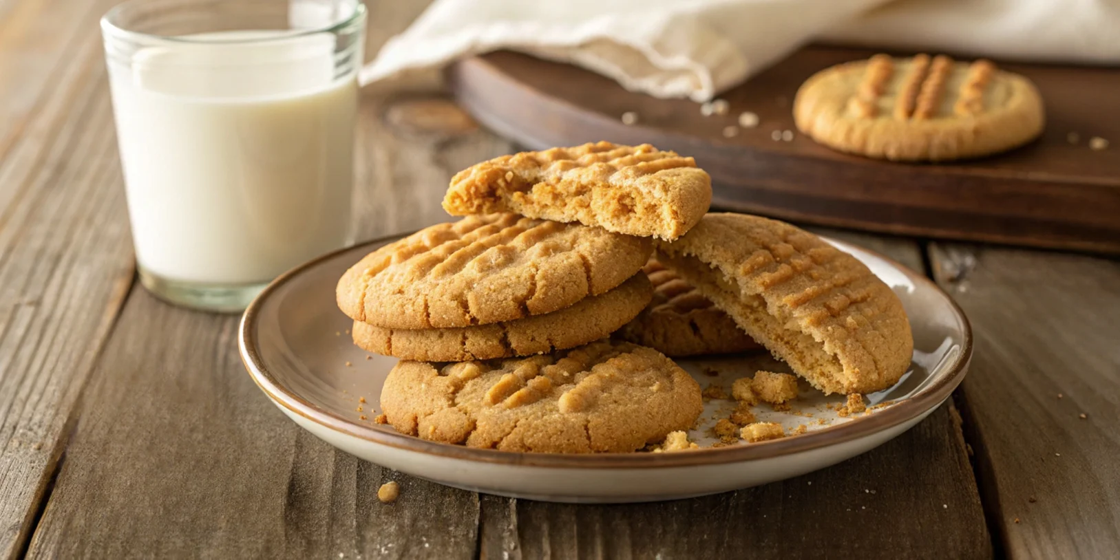 A top-down view of peanut butter, sugar, eggs, and flour arranged on a white marble countertop, ready for baking cookies.