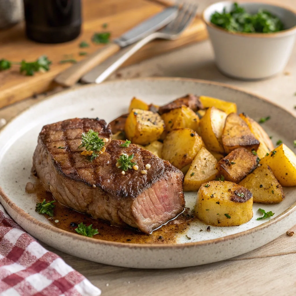 A cozy homemade meal of seared beef and crispy roasted potatoes on a rustic ceramic plate, served in a warm kitchen setting.