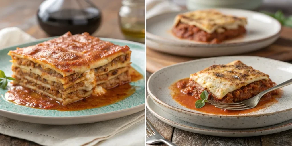 A side-by-side comparison of a well-balanced lasagna with firm layers versus an over-sauced, soggy lasagna with excess moisture.