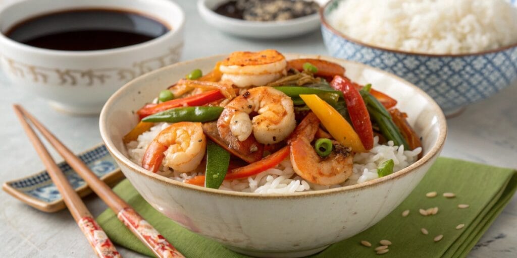 A bowl of shrimp and vegetable stir-fry served over jasmine rice, featuring bell peppers, snap peas, and carrots in a savory soy-ginger sauce.