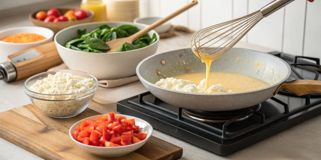  Cooking scrambled eggs with cottage cheese in a pan, with fresh veggies and a wooden spatula in a cozy kitchen setting.