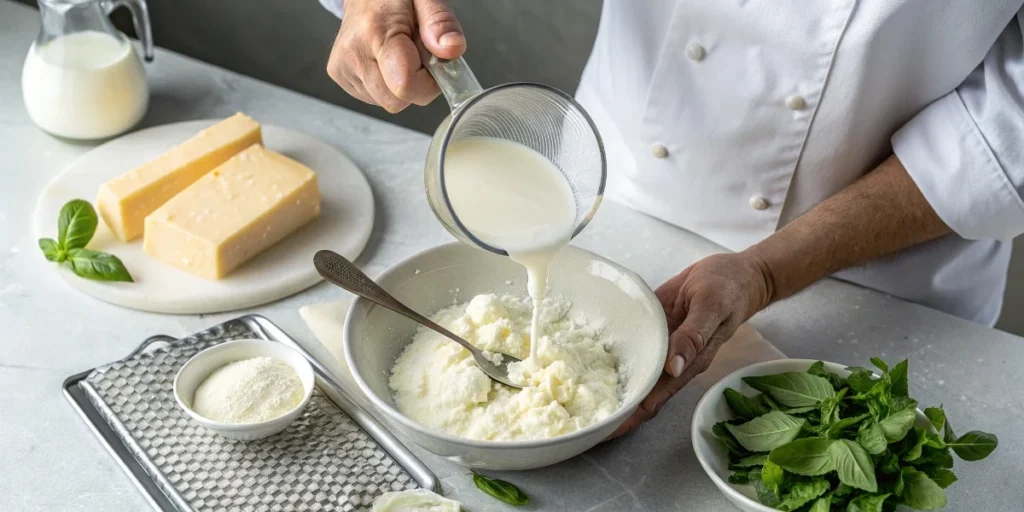 A chef pouring milk into ricotta cheese, demonstrating how it enhances creaminess in lasagna.