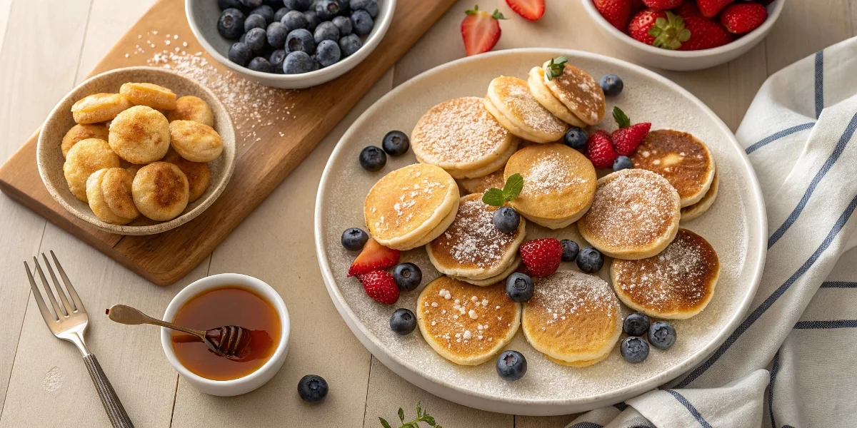 Assorted small pancakes with syrup, fruit, and powdered sugar on a breakfast plate