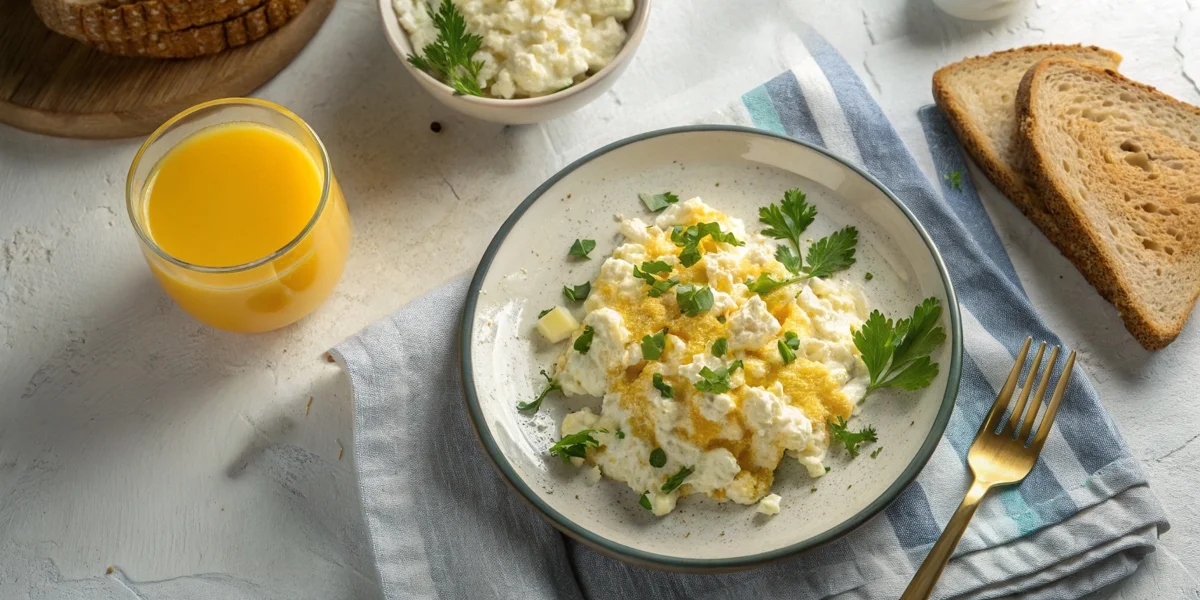 High-protein breakfast with scrambled eggs and creamy cottage cheese, garnished with fresh herbs, served with toast and juice.