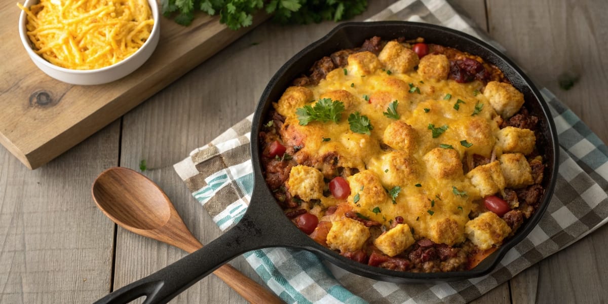 A hearty cowboy casserole with golden tater tots, melted cheese, and layers of ground beef and beans in a cast-iron skillet.