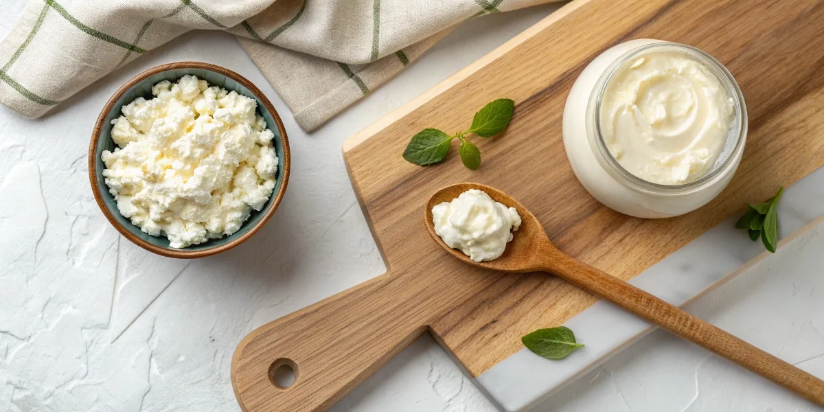 A bowl of creamy cottage cheese and a jar of mayonnaise placed side by side on a rustic kitchen counter