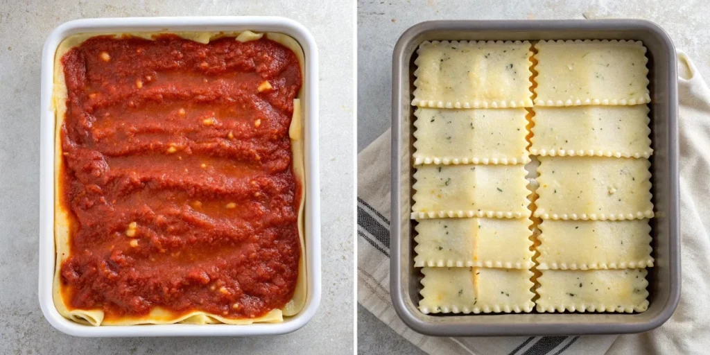 Side-by-side view of well-balanced vs. overly sauced lasagna in a baking dish.