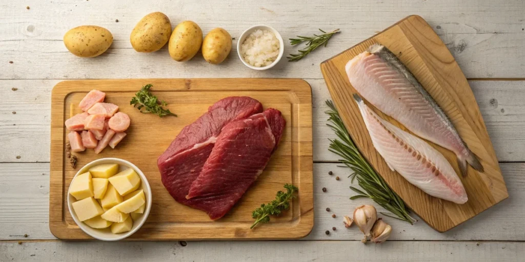 A wooden kitchen counter displaying raw meat cuts and various potato shapes 