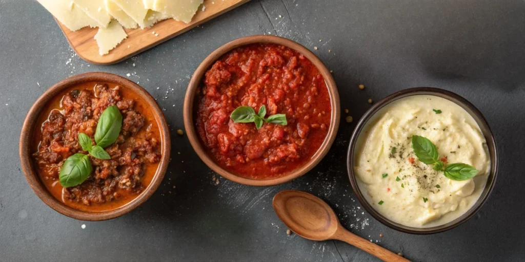 Three types of lasagne sauces—Bolognese, béchamel, and tomato basil—displayed in ceramic bowls.