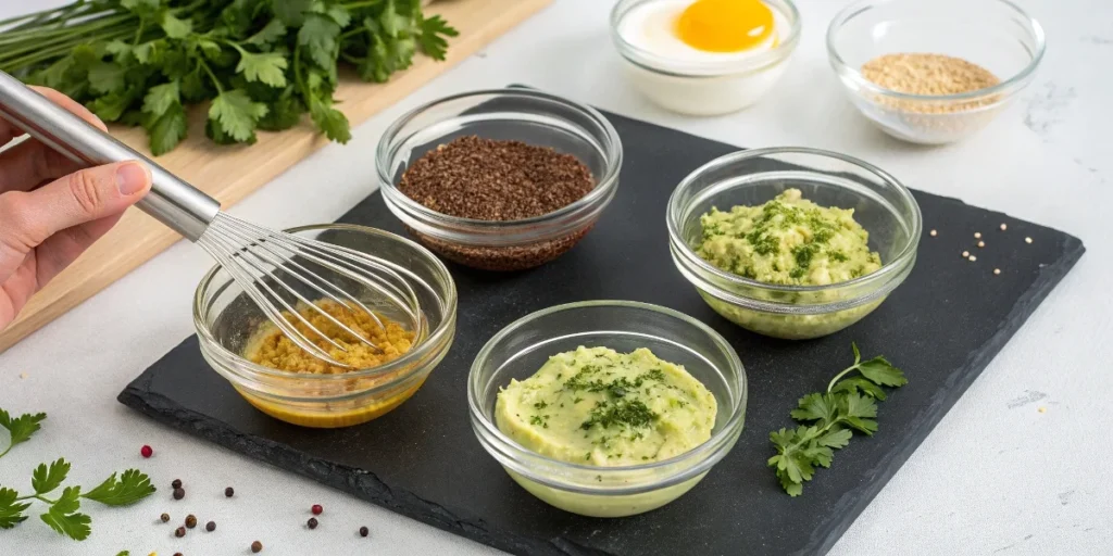 A top-down view of various egg substitutes for lasagna, including flaxseed gel, chia seed gel, blended tofu, and mashed avocado, labeled for clarity.