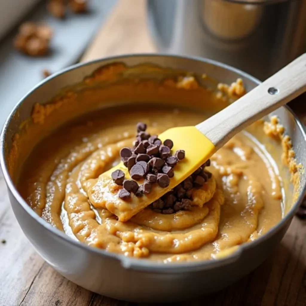 Mixing banana bread batter with chocolate chips and walnuts