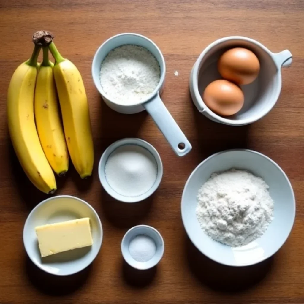 Ingredients for banana bread on a wooden countertop