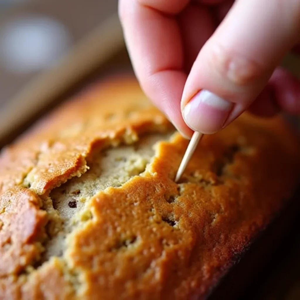 Checking banana bread doneness with a toothpick