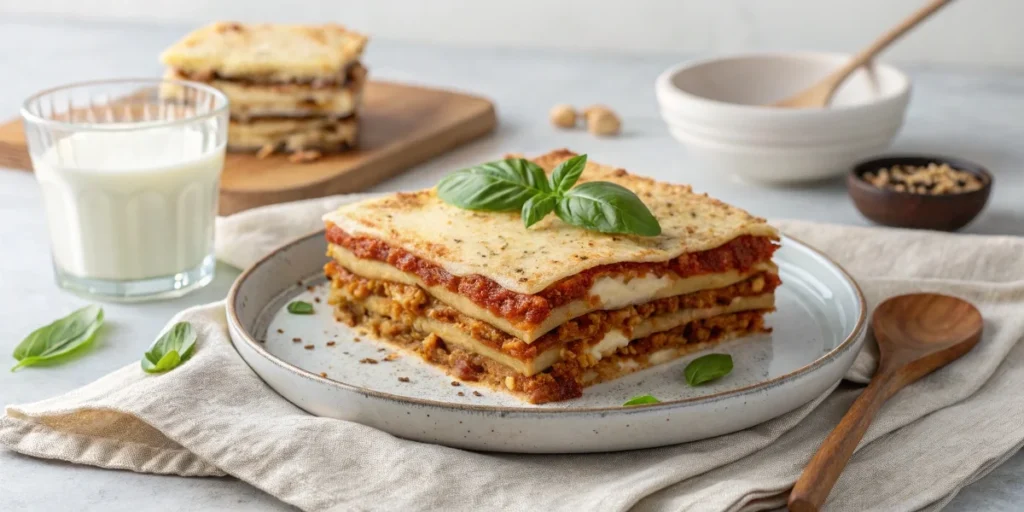 A dairy-free lasagna with almond-milk ricotta and plant-based cheese, served on a modern white plate.