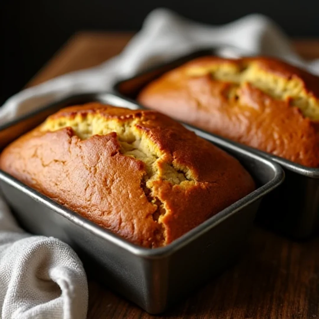 Freshly baked banana breads cooling on a wooden countertop