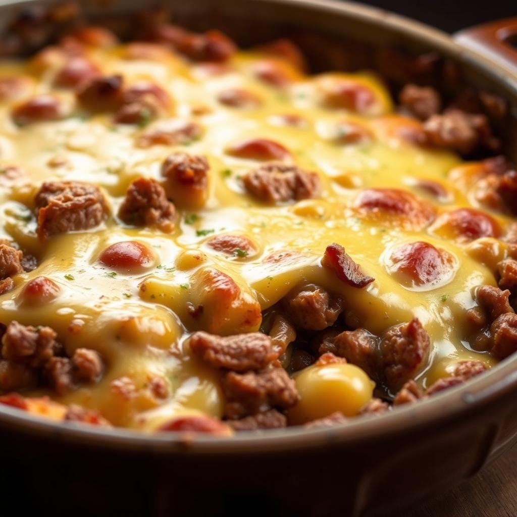 A freshly baked hamburger potato casserole with melted cheese, ground beef, and golden-brown potatoes in a baking dish