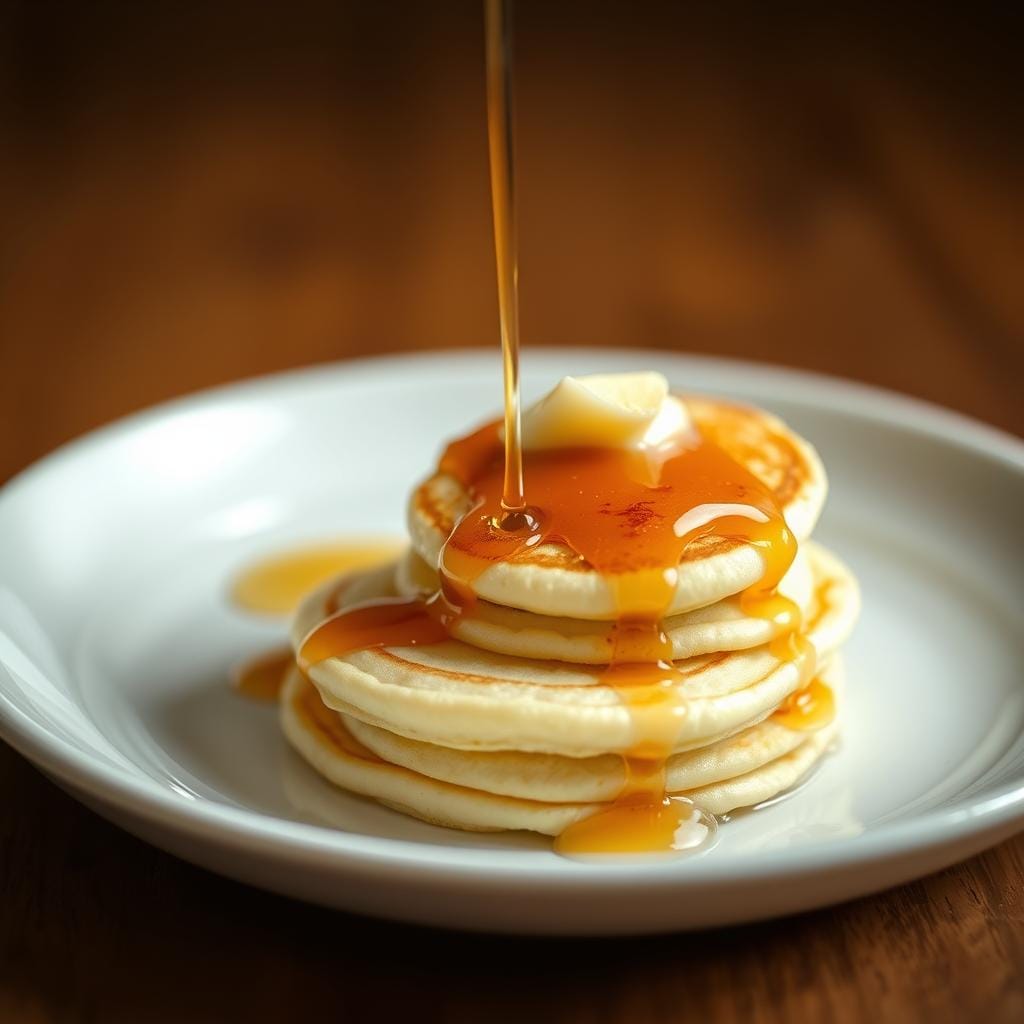 Pancakes with butter and maple syrup drizzle
