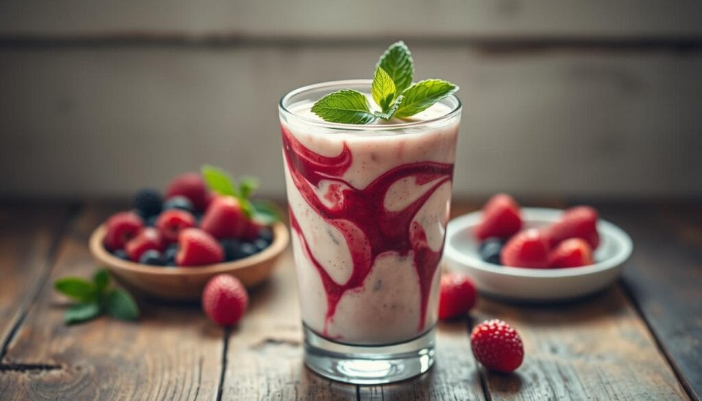 A creamy berry smoothie with red fruit swirls, garnished with mint, on a rustic table.