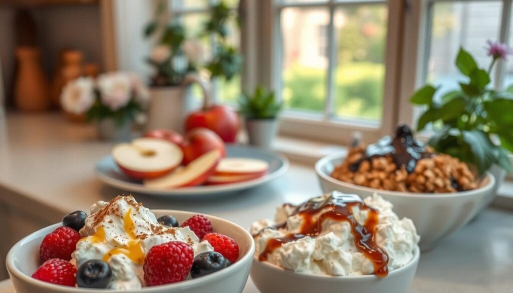 Cottage cheese bowls topped with berries, honey, and chocolate, near a bright kitchen window.