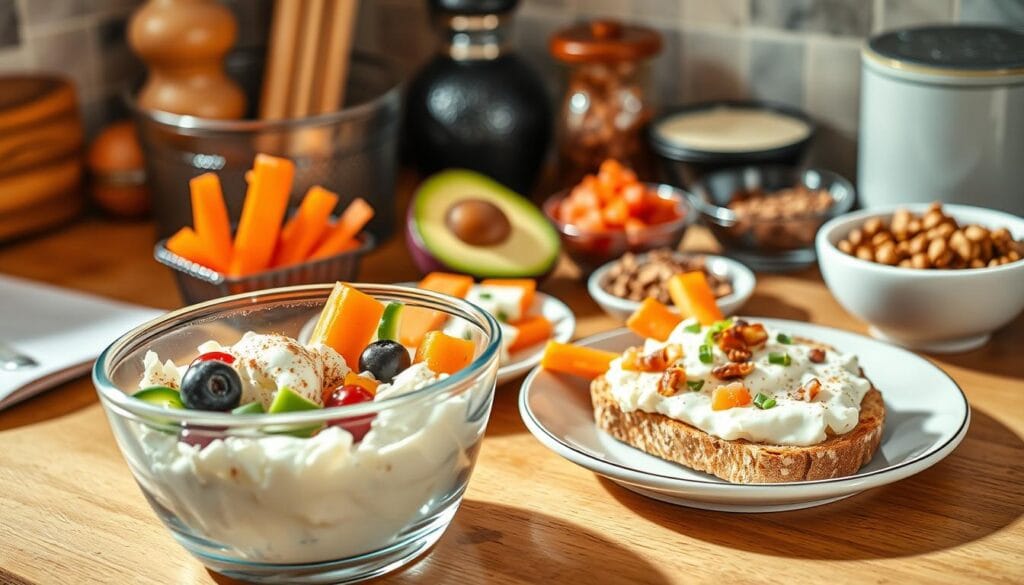  A bowl of cottage cheese with veggies and a slice of toast with nuts on a wooden kitchen counter.