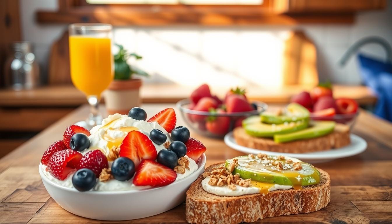 Yogurt with berries and toast with avocado in a cozy kitchen.