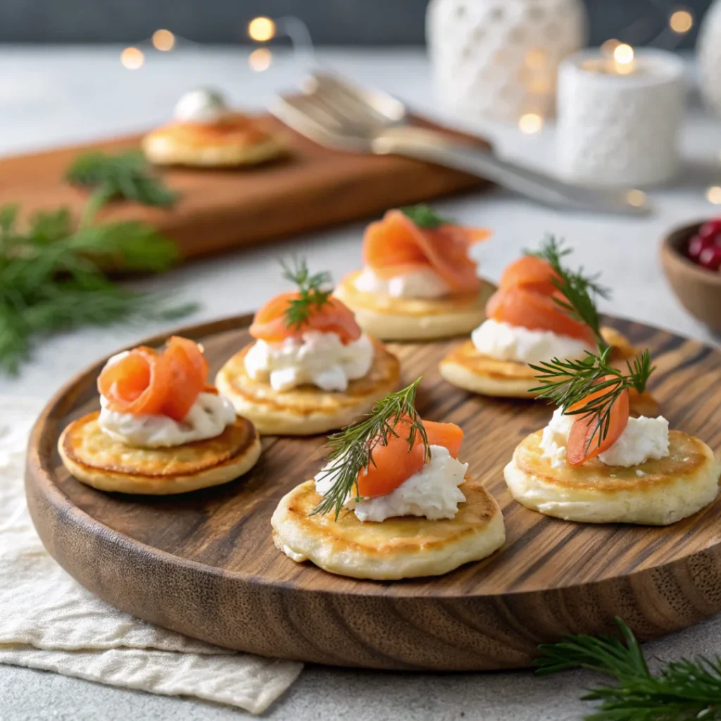 Cold mini blinis with smoked salmon