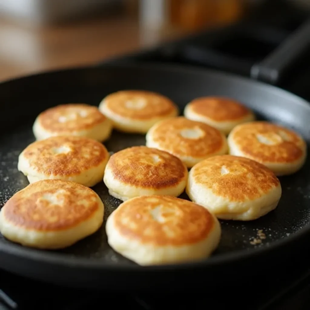 Mini pancakes cooking on a griddle