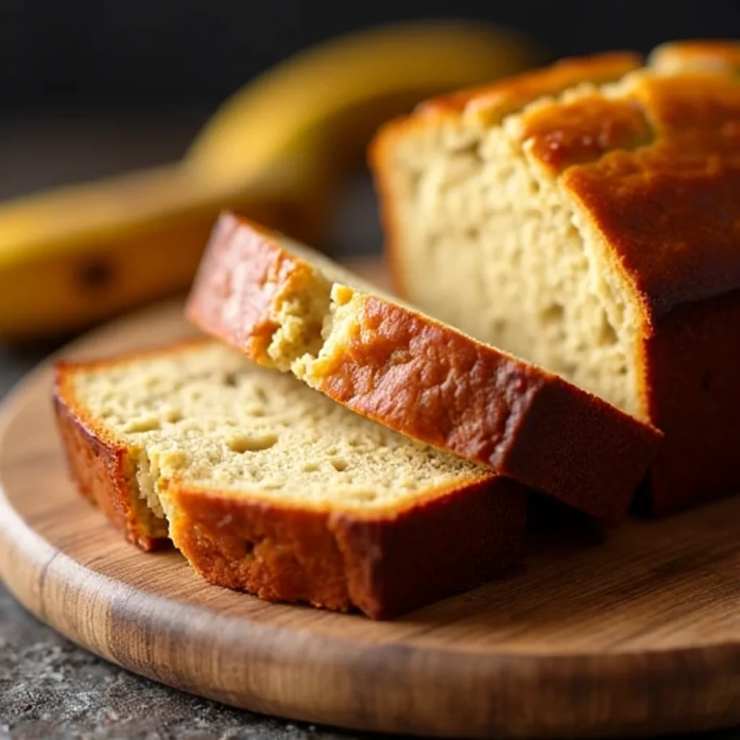 Moist banana bread sliced on a wooden board