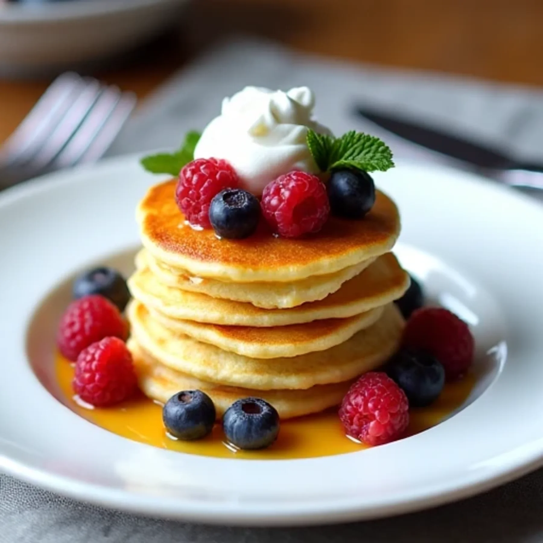 Stack of mini pancakes with berries and syrup