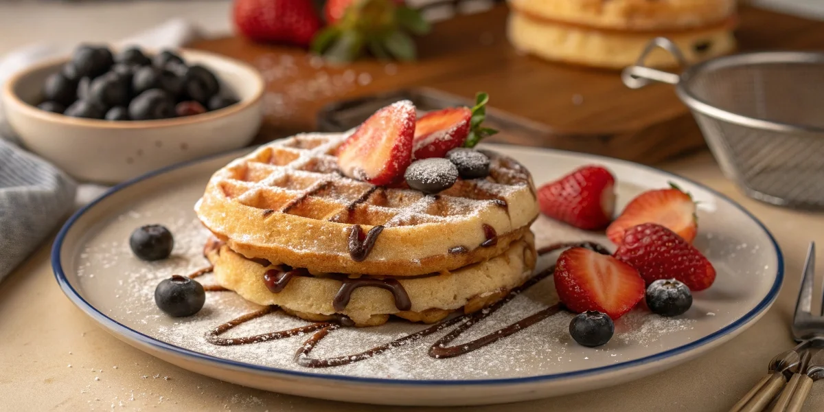 A platter of assorted waffle cookies with various toppings, including chocolate chips, caramel drizzle, fresh fruit, and cinnamon sugar, served on a rustic wooden table.