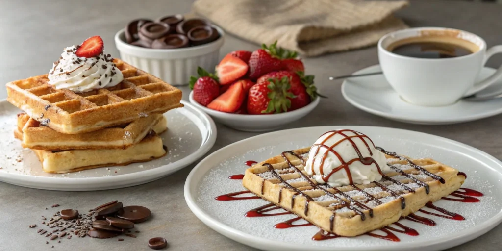 A breakfast spread featuring waffles with fruit and syrup next to pizzelles with powdered sugar and chocolate drizzle.