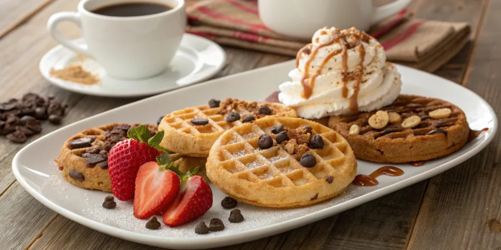 A platter of assorted waffle cookies with various toppings, including chocolate chips, caramel drizzle, fresh fruit, and cinnamon sugar, served on a rustic wooden table.