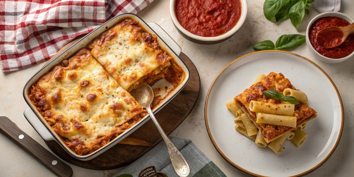 A top-down view of baked ziti and lasagna, showcasing their textures, pasta shapes, and cheesy layers in a cozy dining setup.