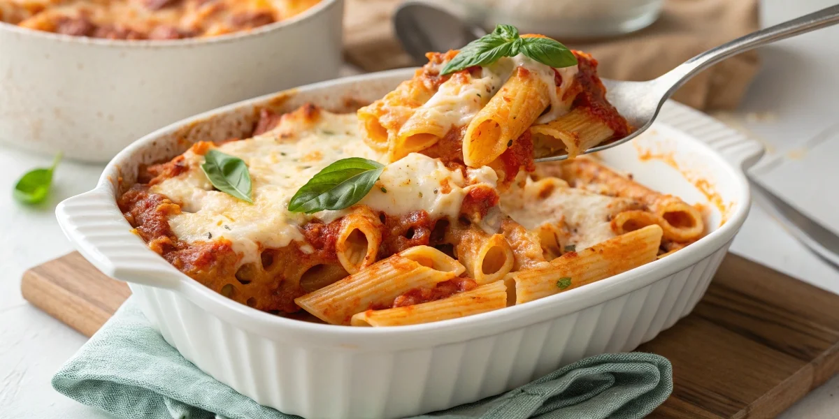 A hot and cheesy baked ziti fresh out of the oven, with golden melted cheese and visible layers of pasta and sauce.