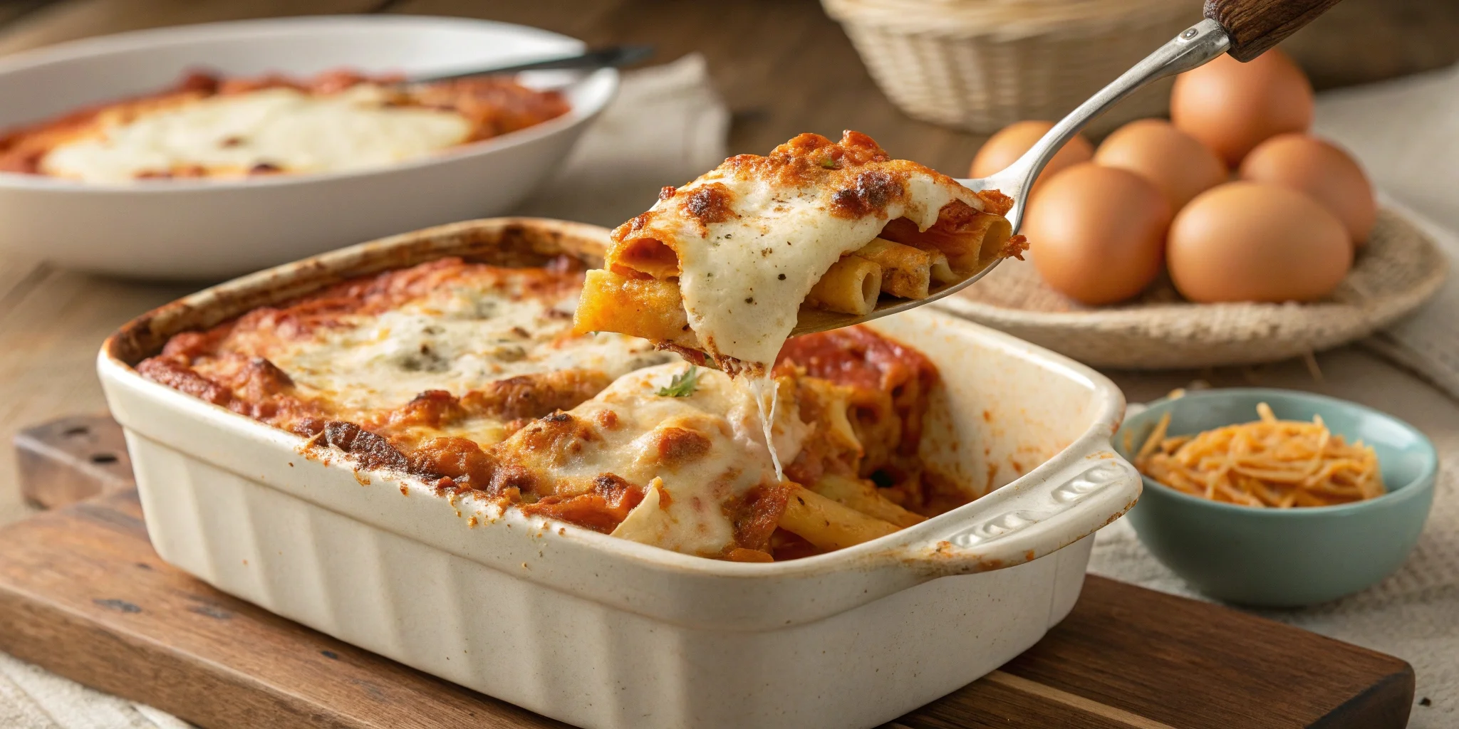 A close-up of baked ziti in a white ceramic dish with gooey melted cheese and rich tomato sauce, highlighting the role of eggs in the dish.