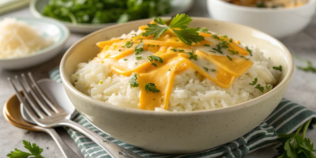 Cheesy white rice with parmesan and cheddar