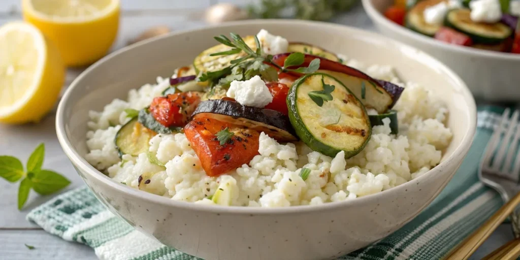 White rice with feta and grilled vegetables